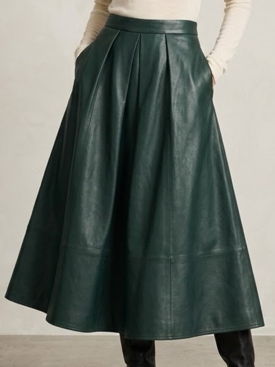 Tibi Dresses & Skirts - Tibi Green Leather A-Line Pleated Midi Skirt Size 6